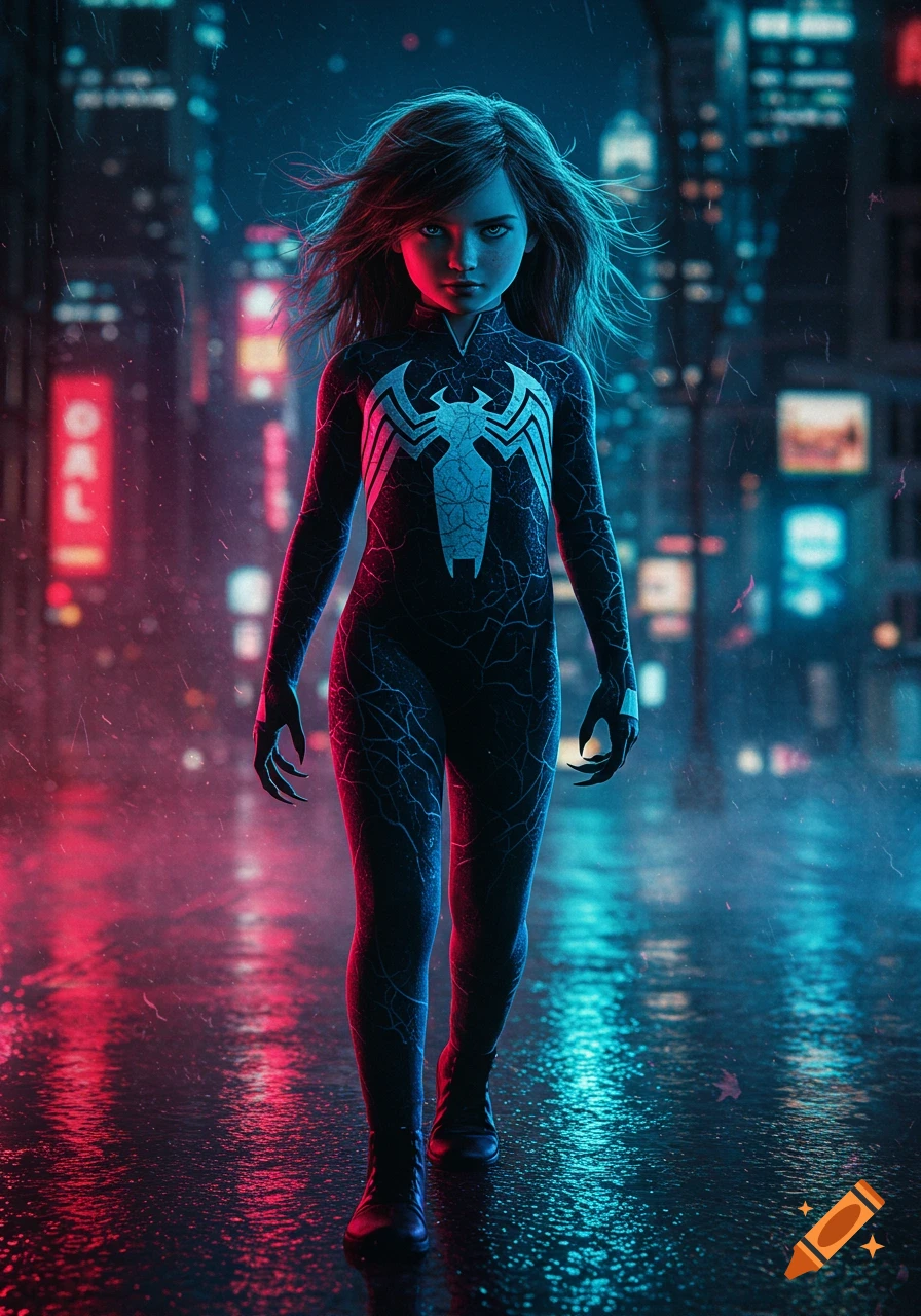A young girl in a black and white Venom suit with clawed hands walks through a neon-lit, rainy city street at night, in a digital art style.