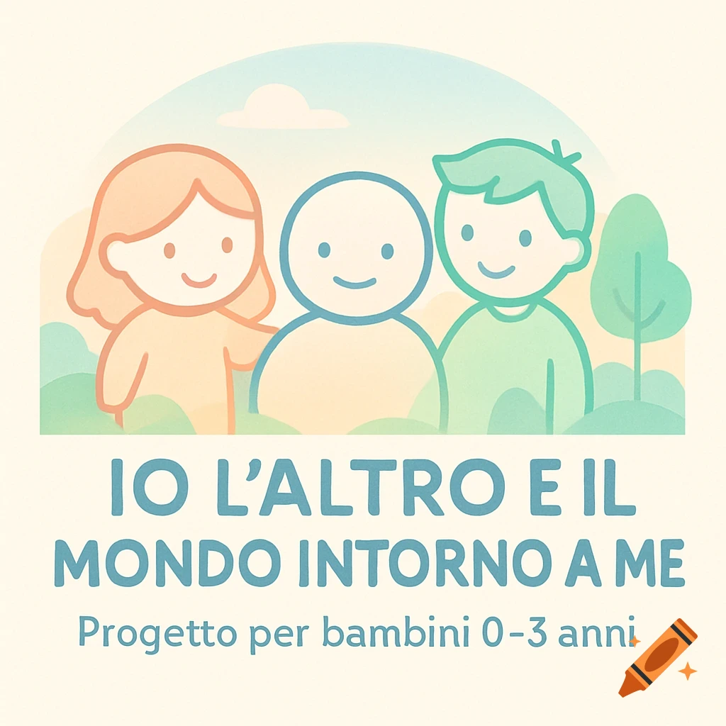 Modern pastel logo illustration for children's project, showing three smiling cartoon figures and text 'IO L ALTRO E IL MONDO INTORNO A ME Progetto per bambini 0-3 anni'.