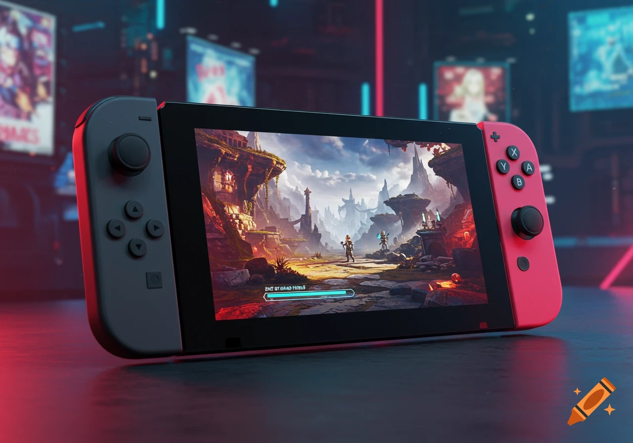 A close-up, photorealistic shot of a black and red Nintendo Switch console playing a fantasy video game with two characters in a vibrant landscape.