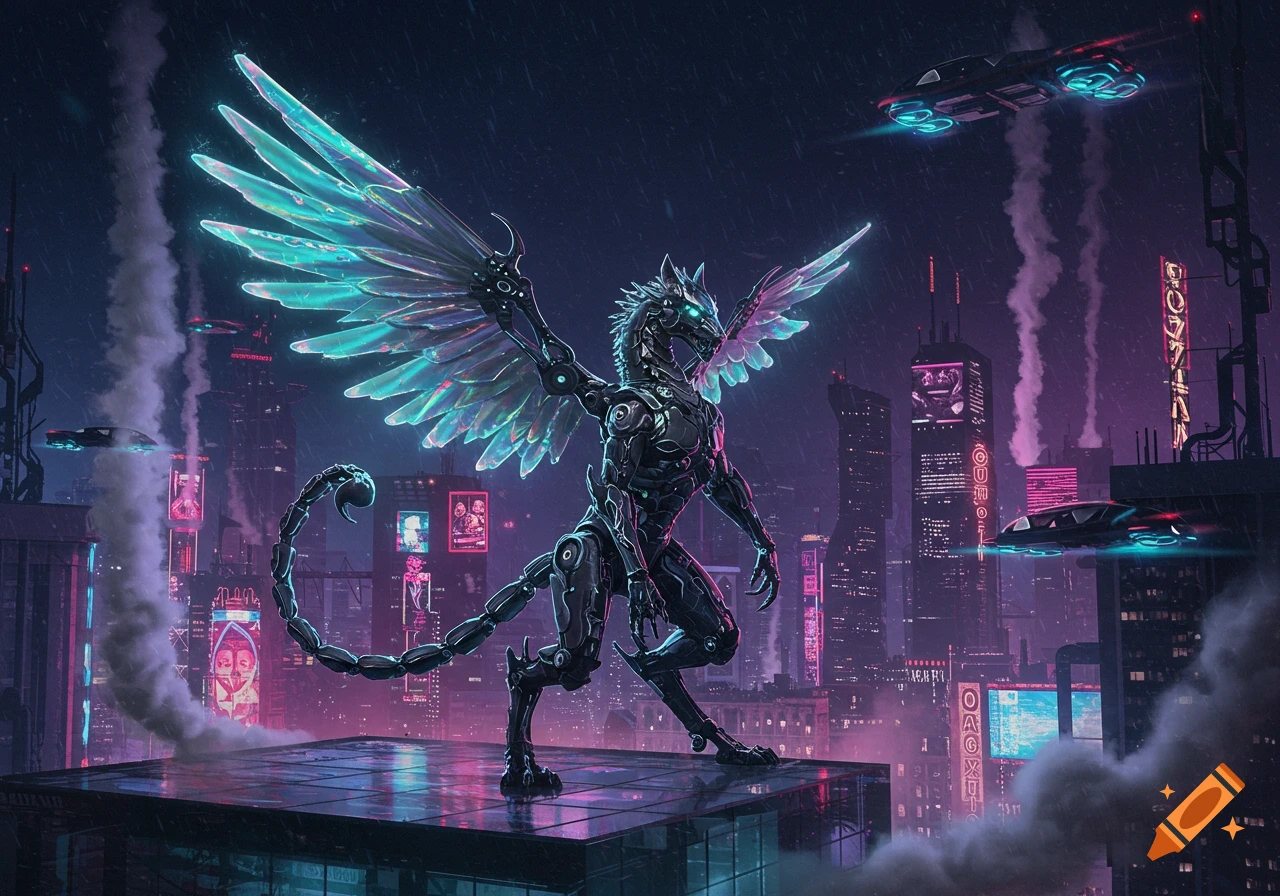 A winged cyborg dragon with glowing teal details stands on a skyscraper in a neon-lit cyberpunk city at night, with flying vehicles.