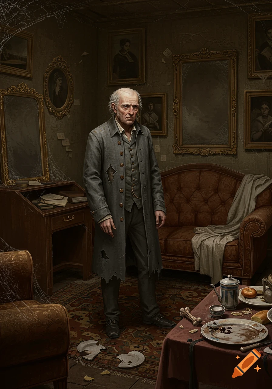 A weary, elderly man in a tattered gray coat stands in a dusty, cobweb-filled room with antique furniture, a broken plate, and an uncleaned table.