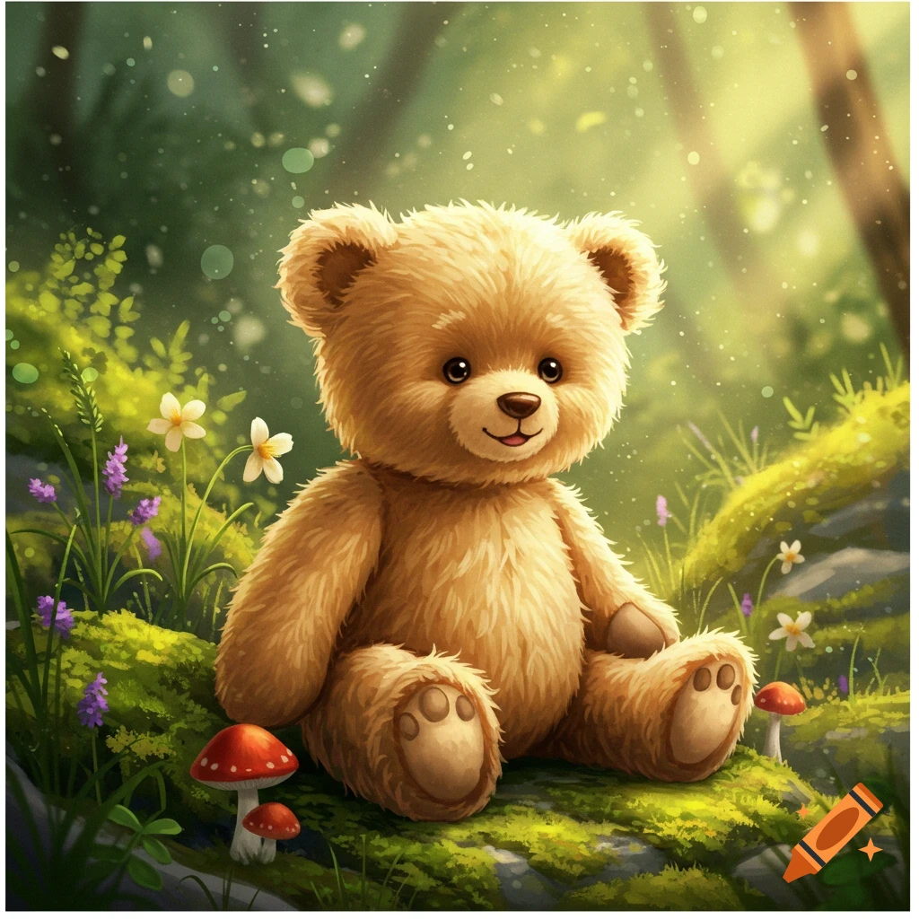 A cute fluffy teddy bear sits on moss in a sun-dappled magical forest with flowers and mushrooms.