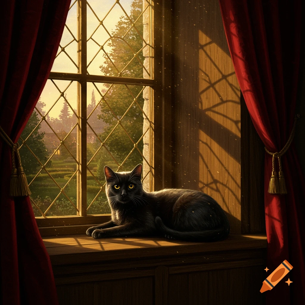A black cat with yellow eyes lies on a wooden window sill, framed by red curtains, looking out at a sunlit garden.