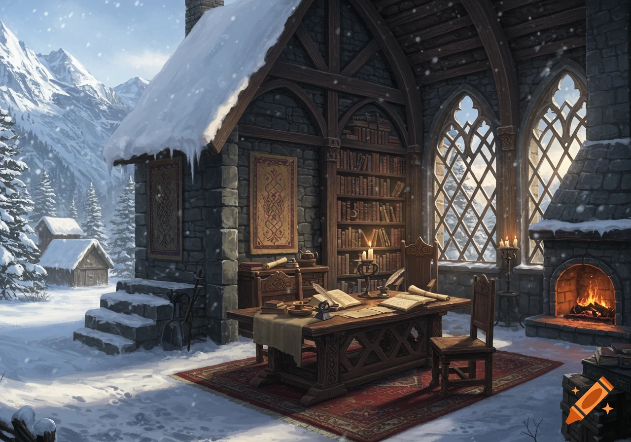 A detailed illustration of a cozy, stone medieval library with bookshelves, a desk, a fireplace, and large windows looking out onto snowy mountains.