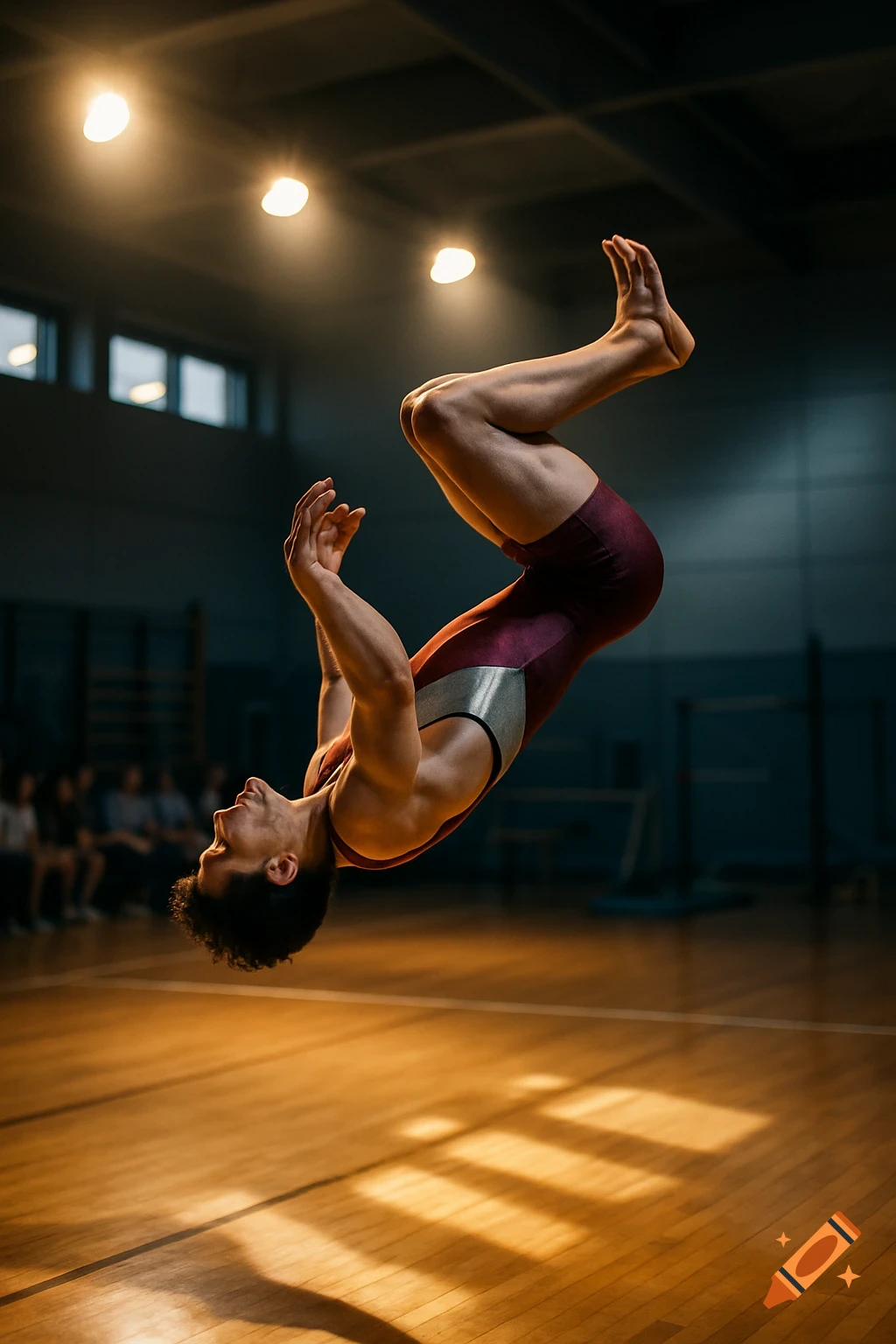 A male gymnast in a maroon and silver leotard performs a backflip mid-air in a dimly lit gymnasium.
