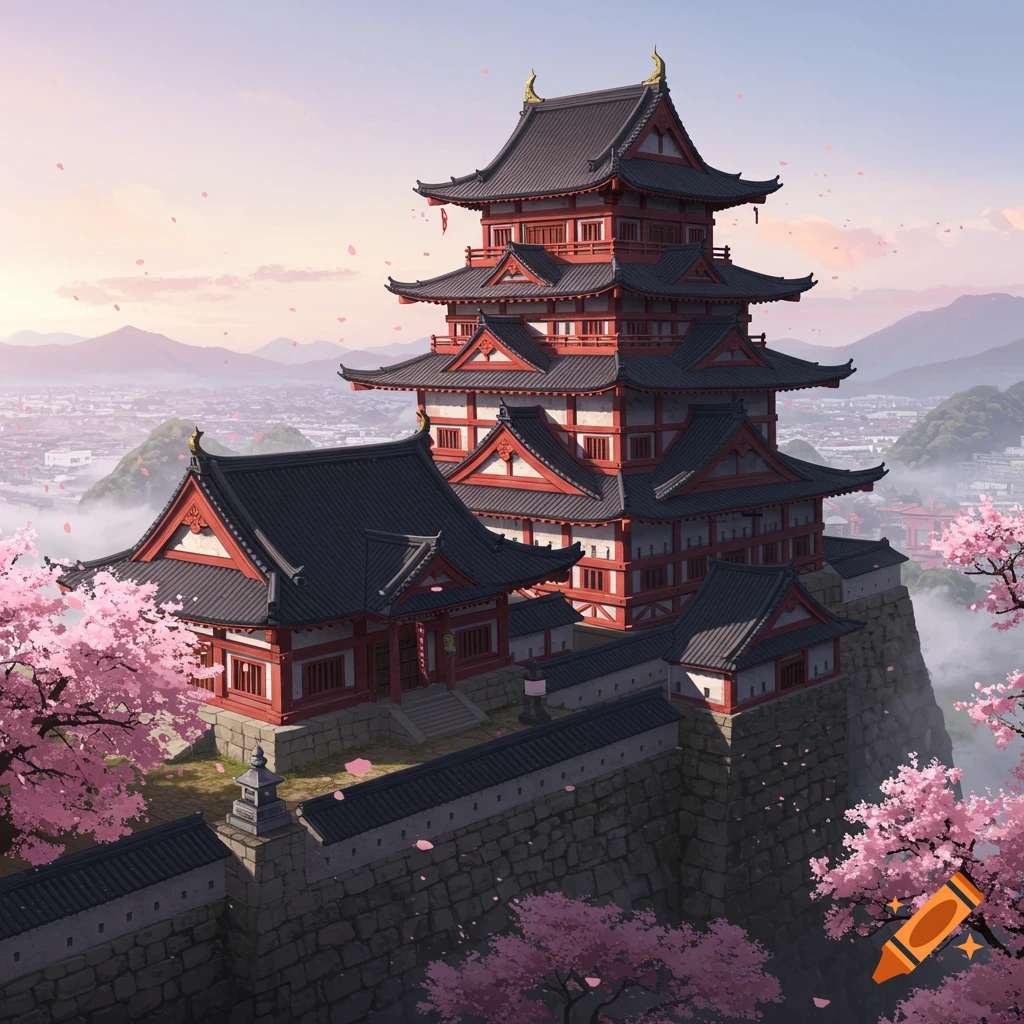 A red and black tiered Japanese castle on a stone wall, surrounded by pink cherry blossoms, overlooking a distant city at sunset.