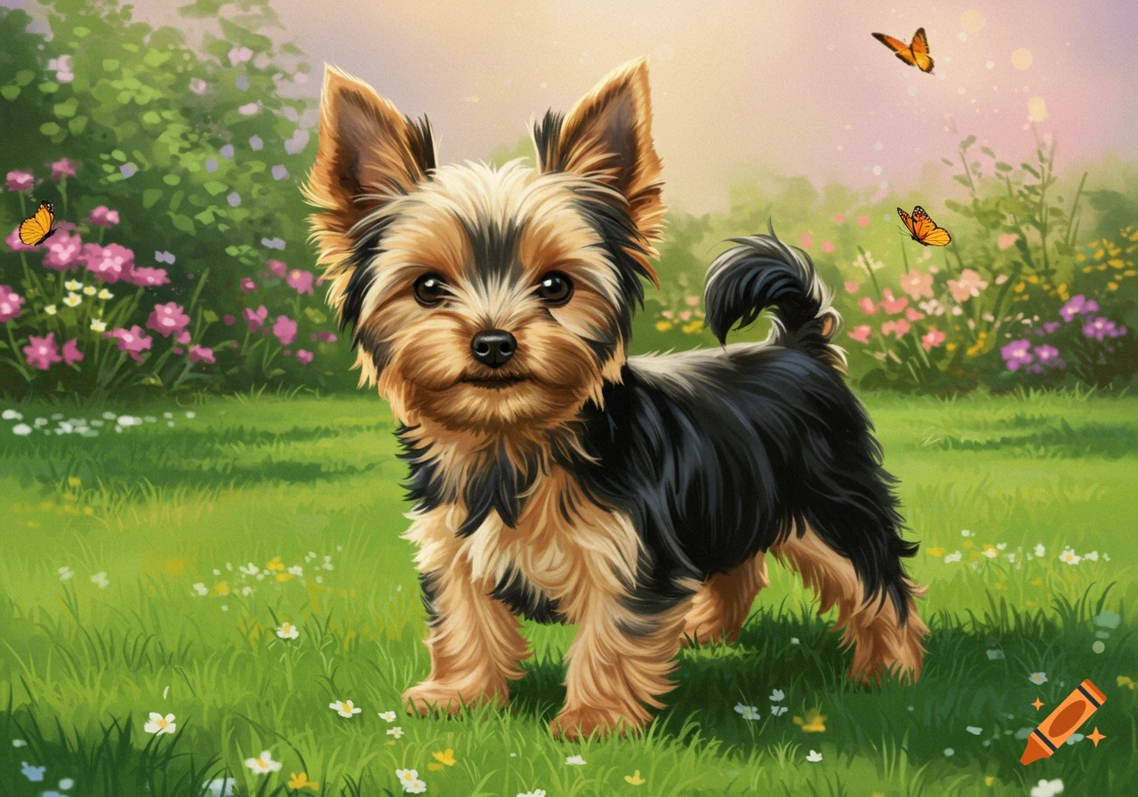 A cute fluffy Yorkshire Terrier puppy stands in a vibrant green garden with colorful flowers and butterflies, in a digital painting style.