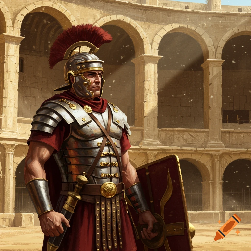A highly detailed illustration of a Roman soldier in full armor, holding a sword and shield, standing in a large stone coliseum.