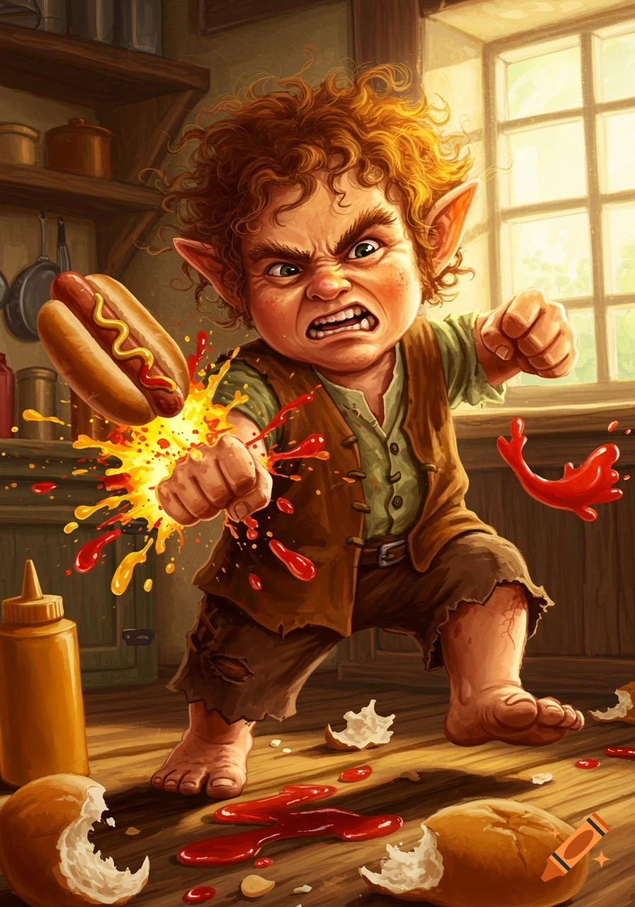 An angry, cartoonish hobbit-like creature smashes a hotdog with its elbow in a kitchen, splattering ketchup and mustard.