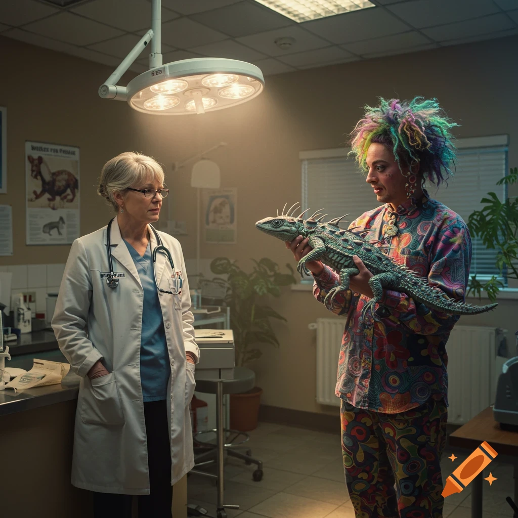 A vet examines a large, spiky, lizard-like creature held by a person with colorful, spiky hair in a brightly lit exam room.