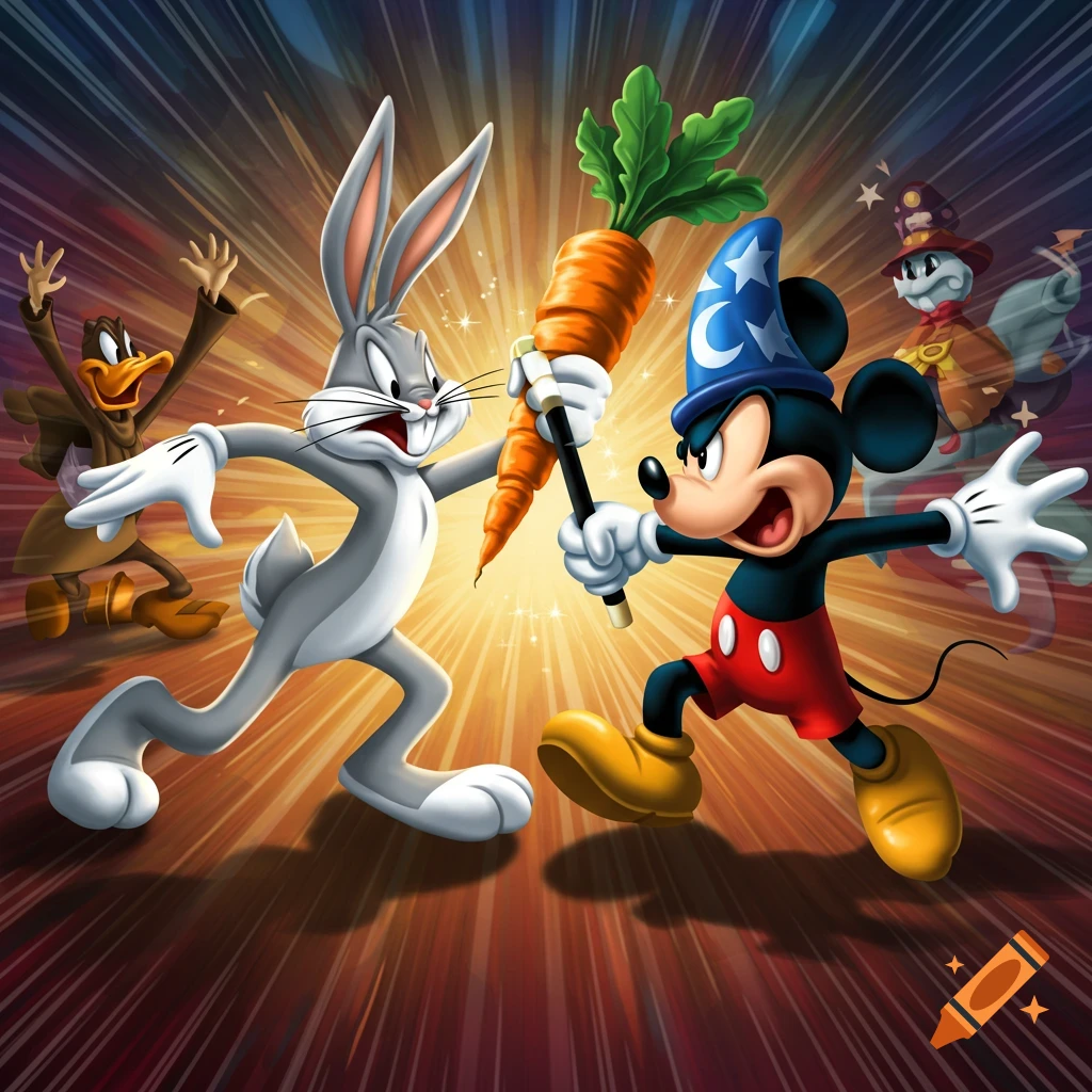 Bugs Bunny and Sorcerer Mickey Mouse confront each other, Bugs with a carrot, Mickey with a wand, with Daffy Duck and another character in the background, in a dynamic cartoon style.