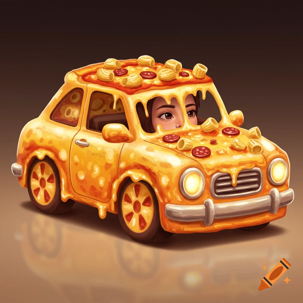 Cartoonish car made of pizza and melted cheese, topped with pepperoni and pasta, with a human face peeking out.