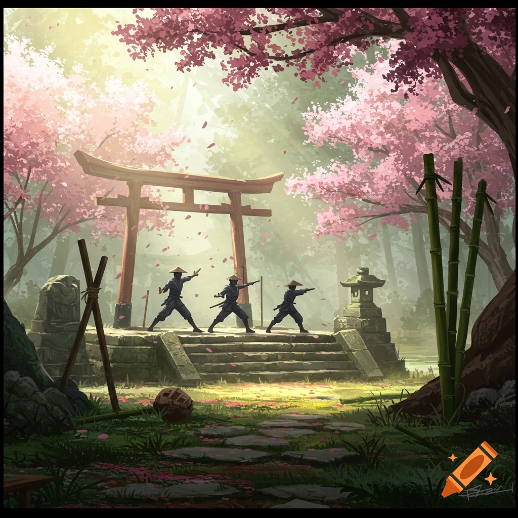 Three ninjas in fighting poses on steps in a cherry blossom forest with a torii gate, stone lantern, and bamboo.