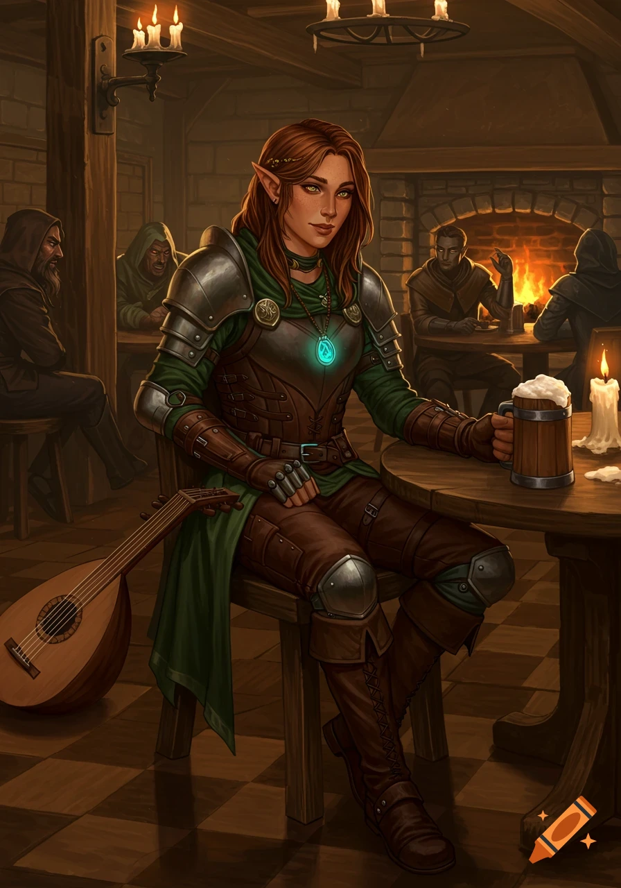 A female elf in armor sits at a tavern table, holding a mug, with a lute leaning nearby. Other patrons are in the background.