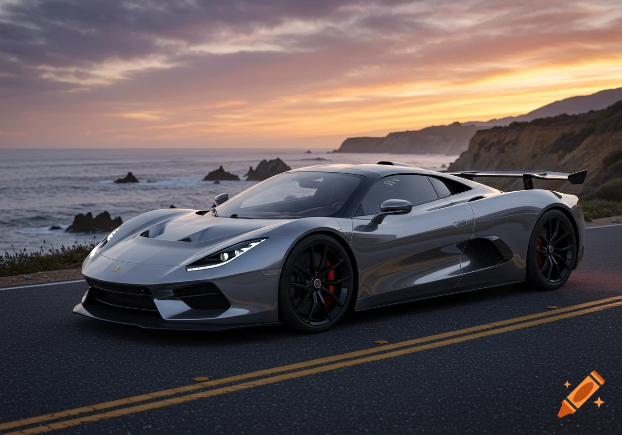 A sleek grey sports car with red brake calipers parked on a coastal road, overlooking the ocean and cliffs at sunset.