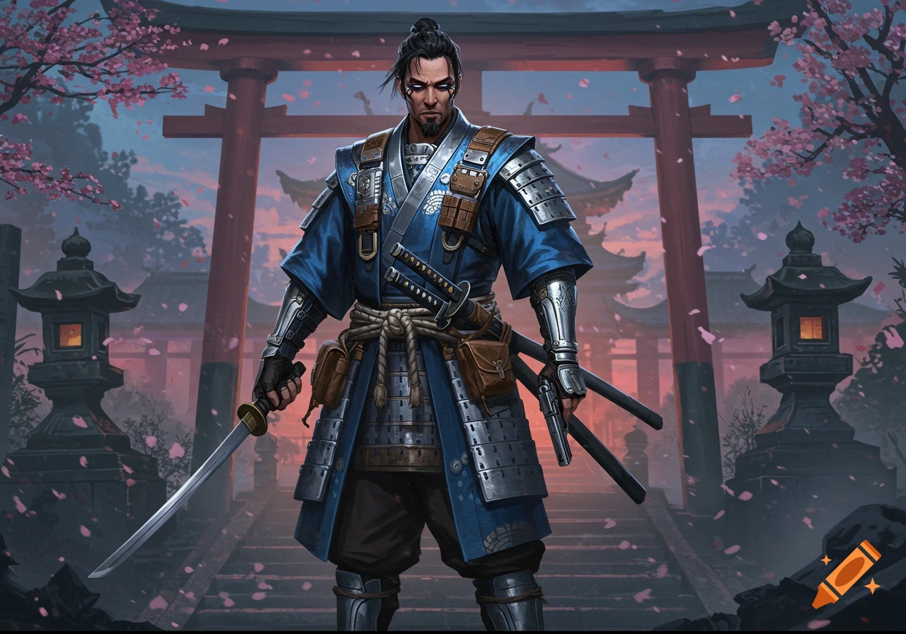 A male samurai in blue armor holding a katana and a gun, standing before a red Torii gate with cherry blossoms.