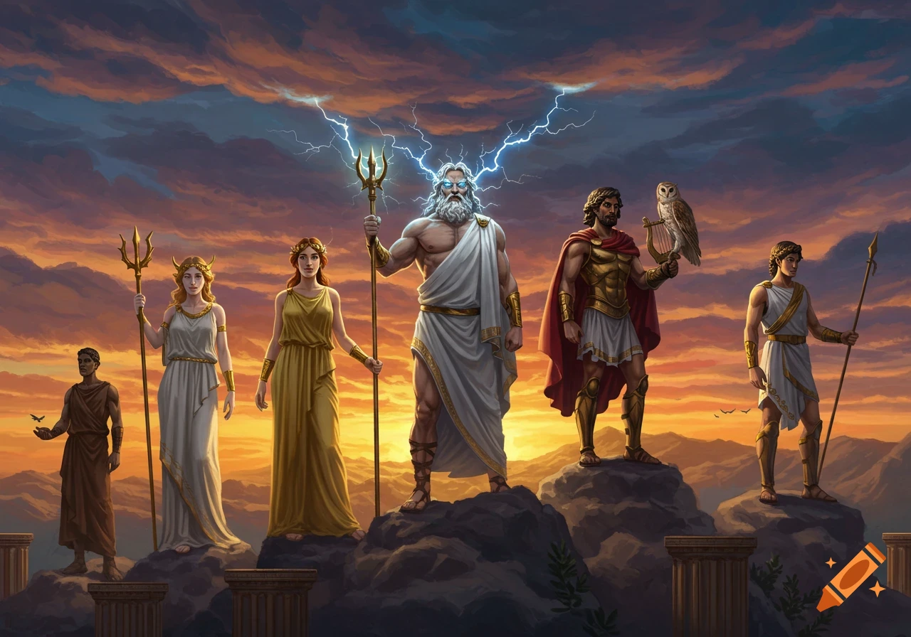 Six Greek gods, including Zeus with lightning, stand on rocky peaks under a dramatic sunset sky in a detailed fantasy illustration.
