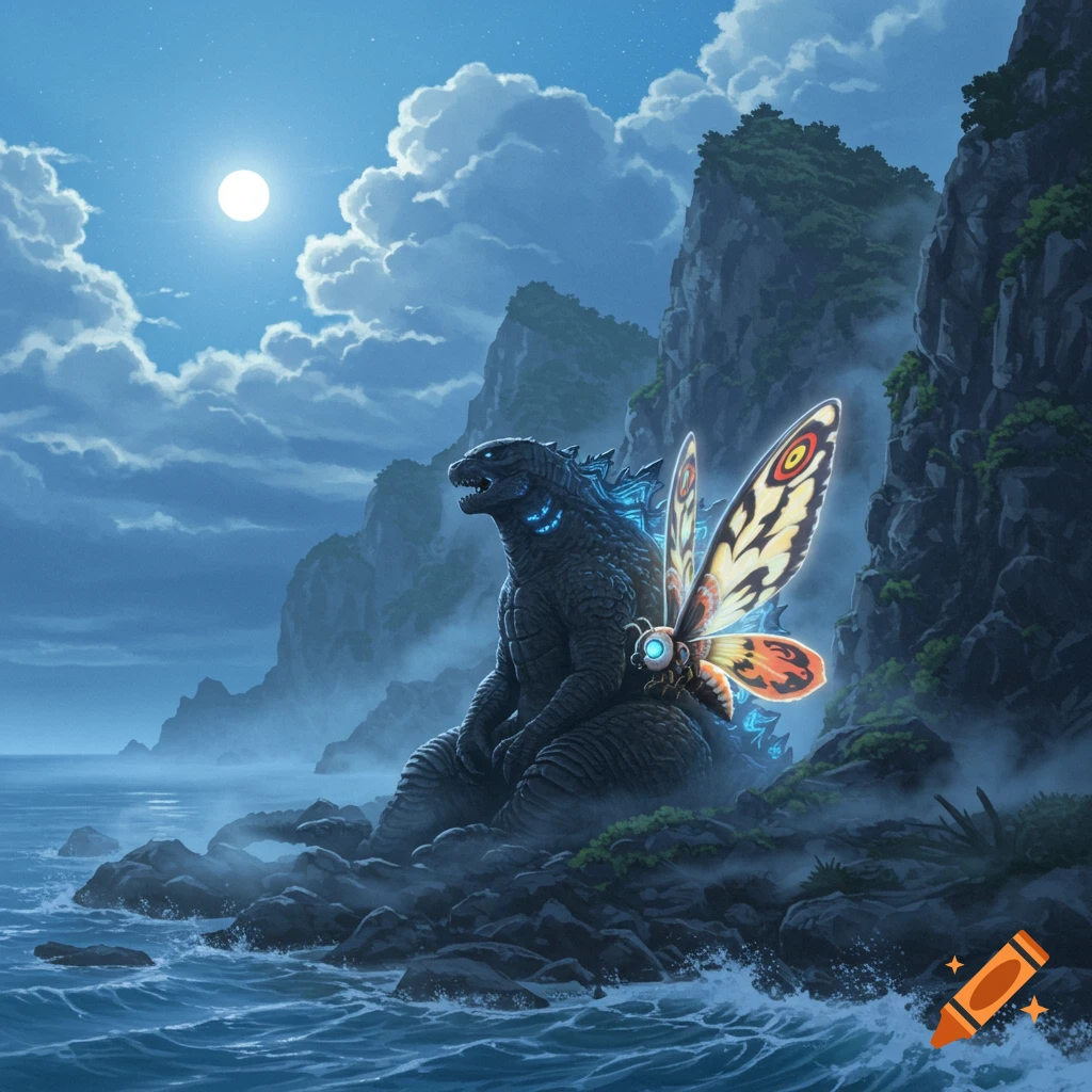 Godzilla sits on a rocky shore next to Mothra, illuminated by a full moon and blue sky with clouds, with mountains in the background.