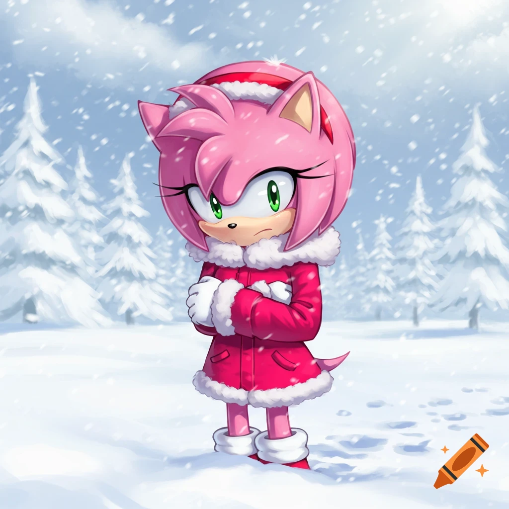 Pink hedgehog character Amy Rose, bundled in a red winter coat, shivering in a snowy forest.