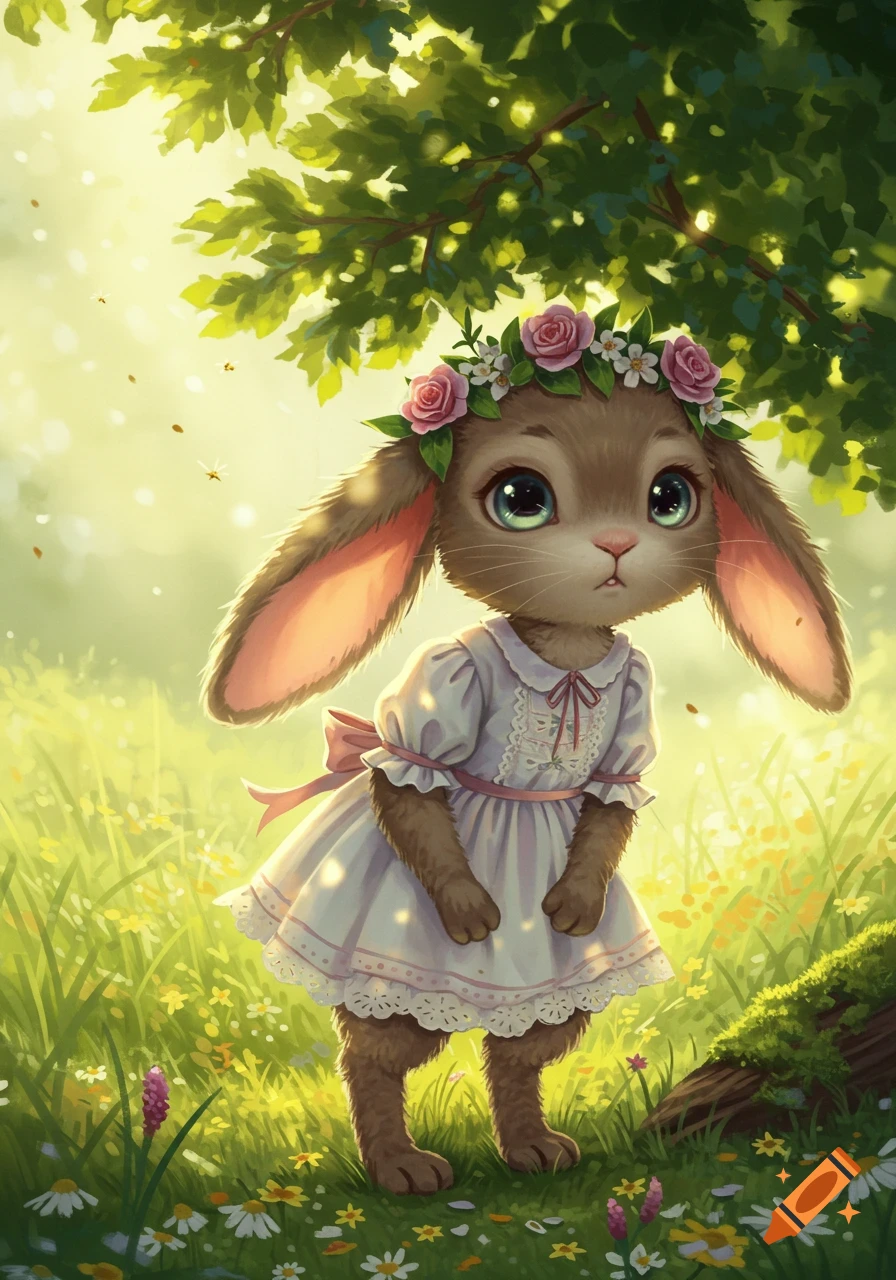 A cute anthropomorphic rabbit in a white dress and flower crown stands in a sunny, green field under leafy trees. Illustrated.
