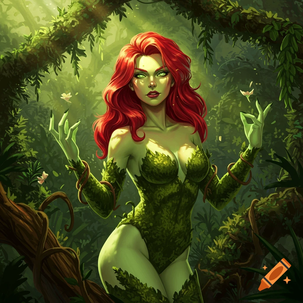 Poison Ivy, a red-haired woman with green skin and a leaf costume, stands in a lush, sunlit jungle, holding her hands delicately.