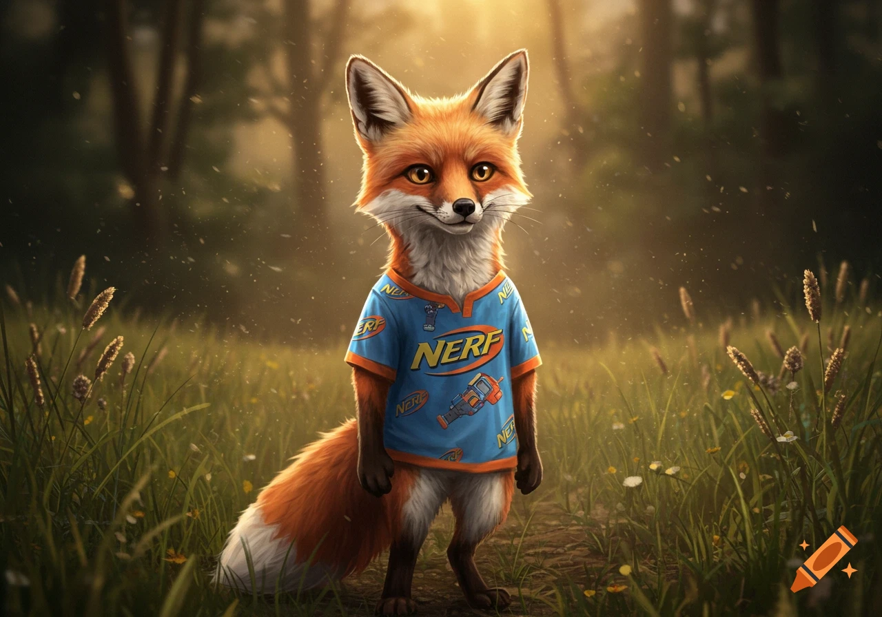 A cute, photorealistic fox wearing a blue and orange NERF t-shirt stands in a sunlit grassy field with trees in the background.