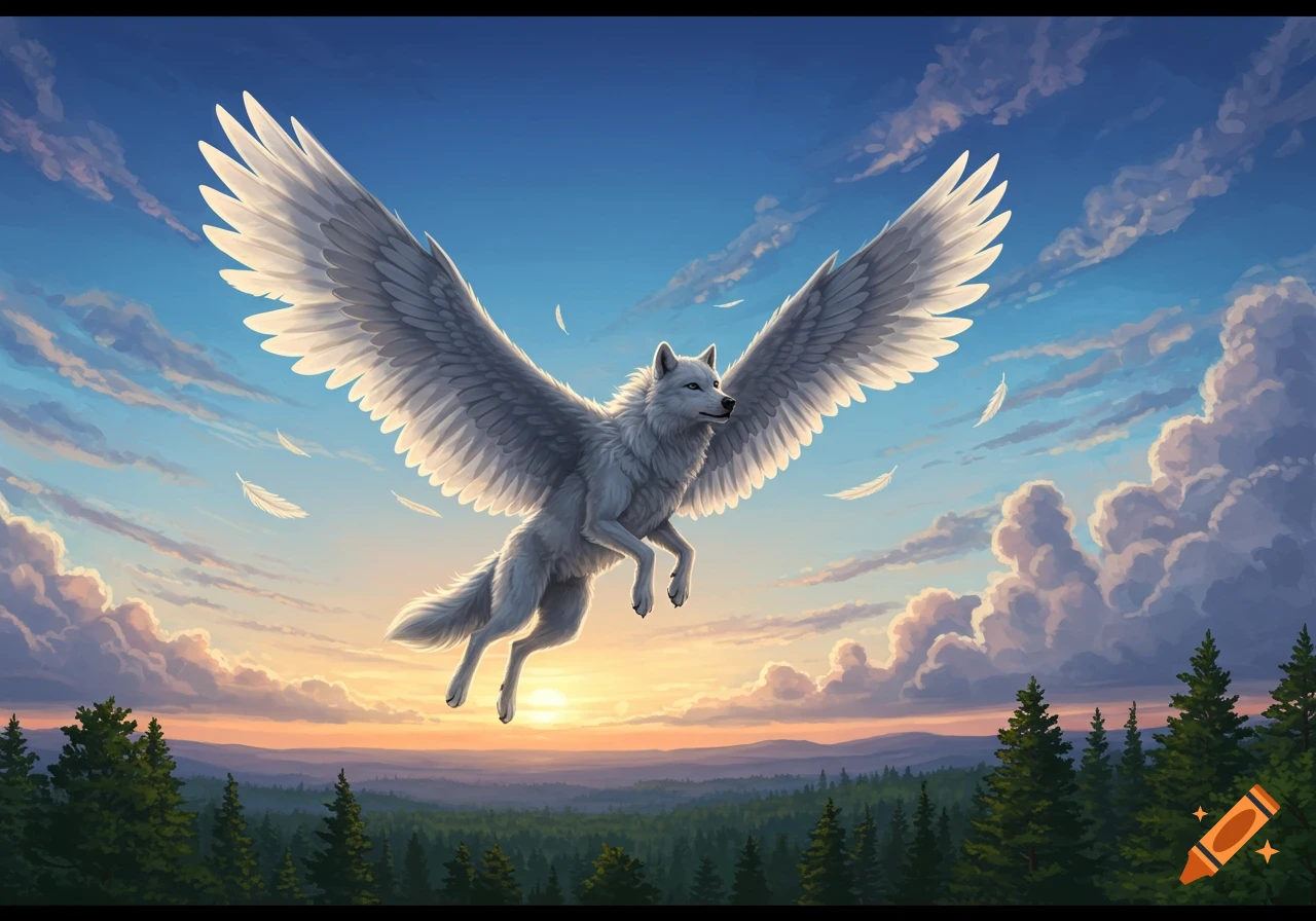 A majestic white winged wolf soars through a vibrant blue and orange sky over a dense forest at sunset, with fluffy clouds.