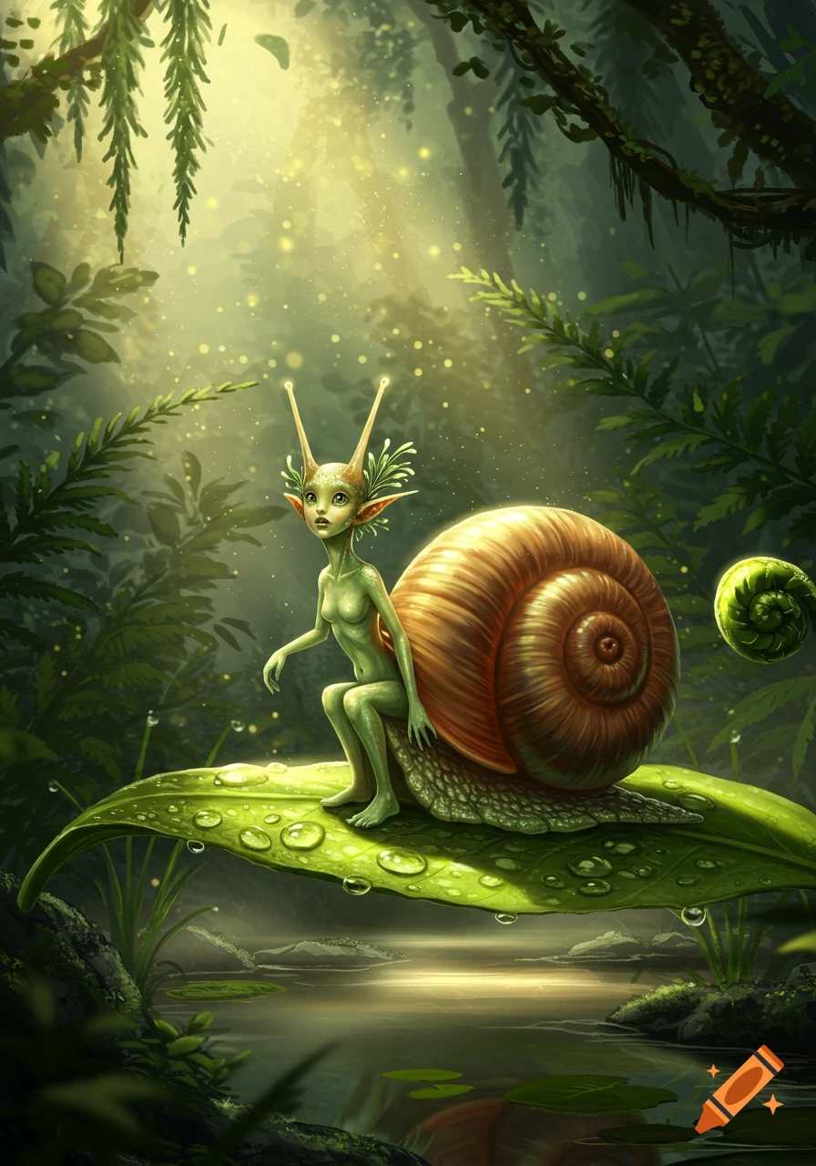 A green-skinned snail humanoid with antennae sits on a large leaf covered in dewdrops, floating above water in a magical, sunlit forest.