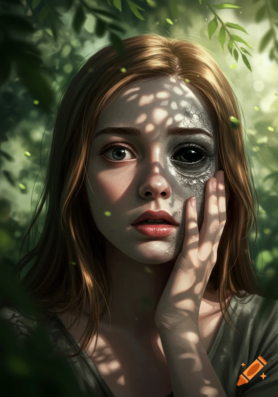 A fantasy portrait of a panicked girl whose right face is transformed with gray cracked skin and a black, bulbous eye, surrounded by lush green leaves.