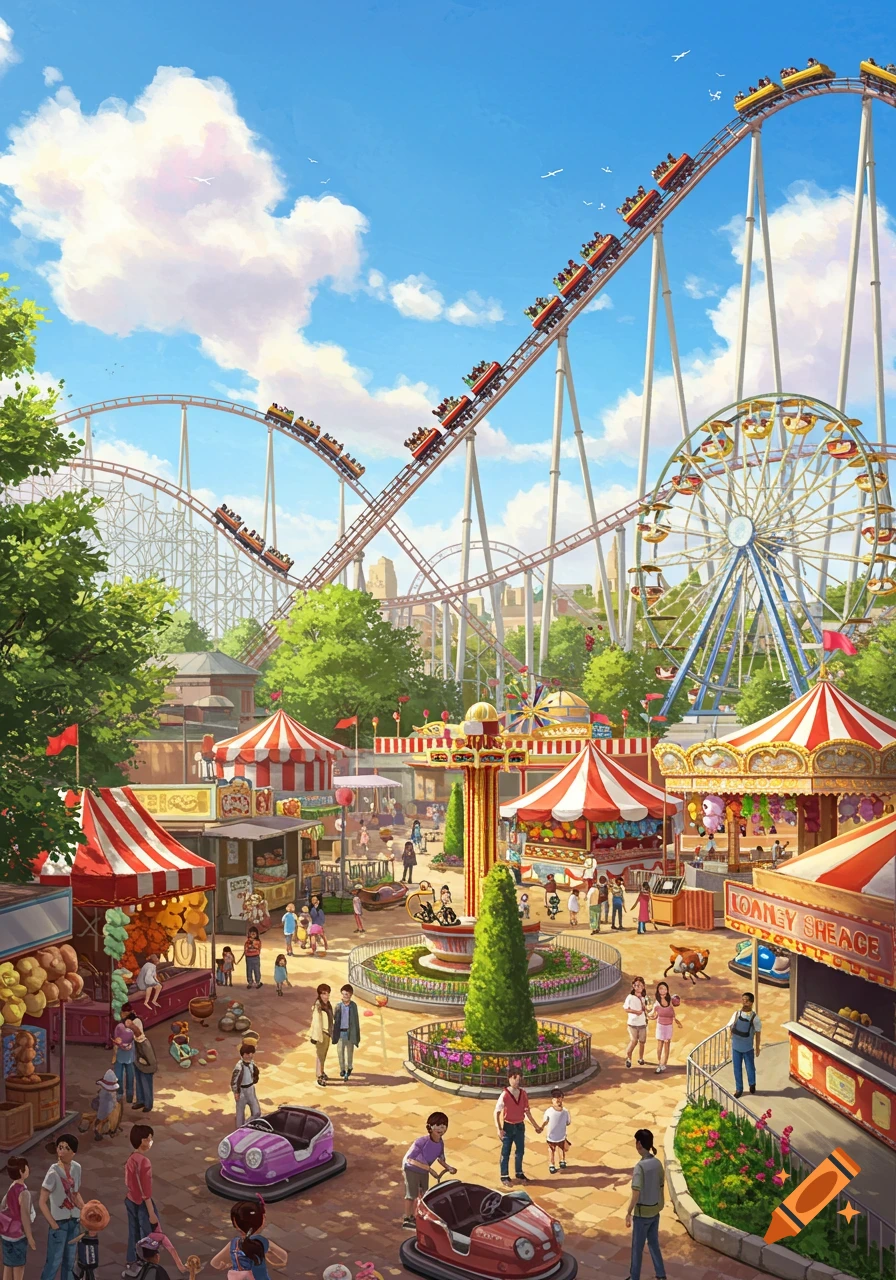 A sunny, vibrant amusement park with towering roller coasters, a Ferris wheel, numerous stalls, and people enjoying the various attractions.