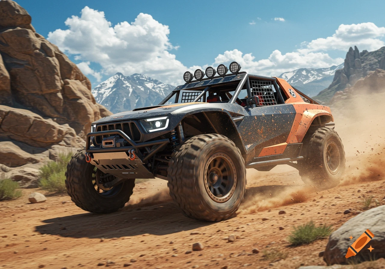 A dark gray and orange offroad buggy kicks up dust on a dirt track, with rocky terrain and snow-capped mountains under a blue sky.