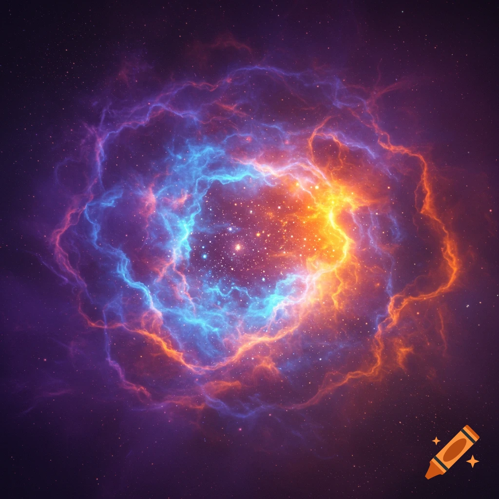 A vibrant nebula with swirling blue, orange, and purple gas clouds and numerous stars in deep space.
