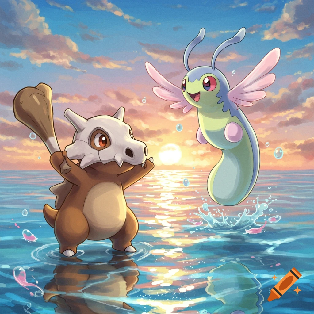 A colorful illustration of Cubone holding a club in shallow ocean water at sunset, looking at a flying Pokémon jumping from the water.