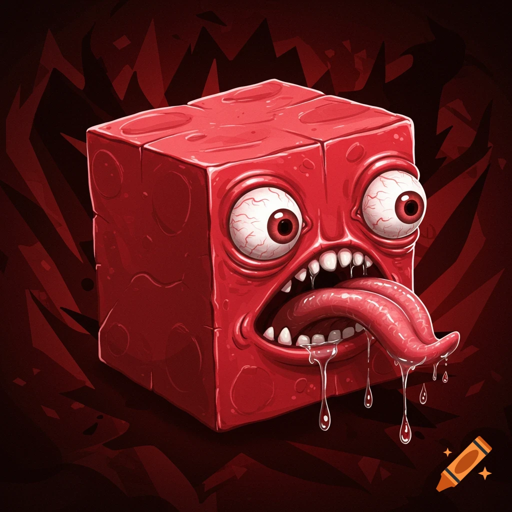 A freaky red cube monster with bloodshot eyes, sharp teeth, and a long dripping tongue in a cartoon illustration style.