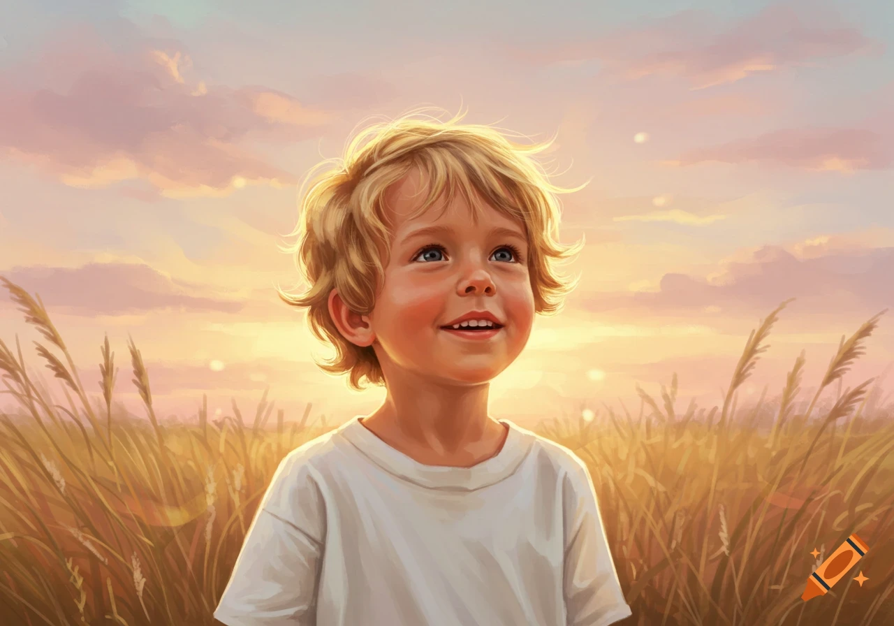 An illustration of a smiling young blonde boy looking up in a field of tall grass at sunset.