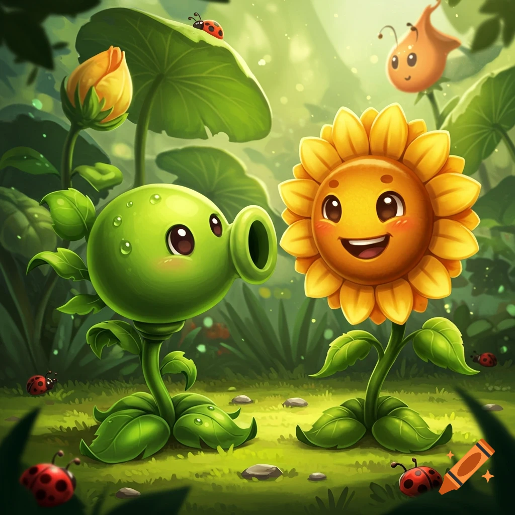 A cute cartoon Peashooter looks at a smiling Sunflower in a vibrant, whimsical garden with ladybugs.