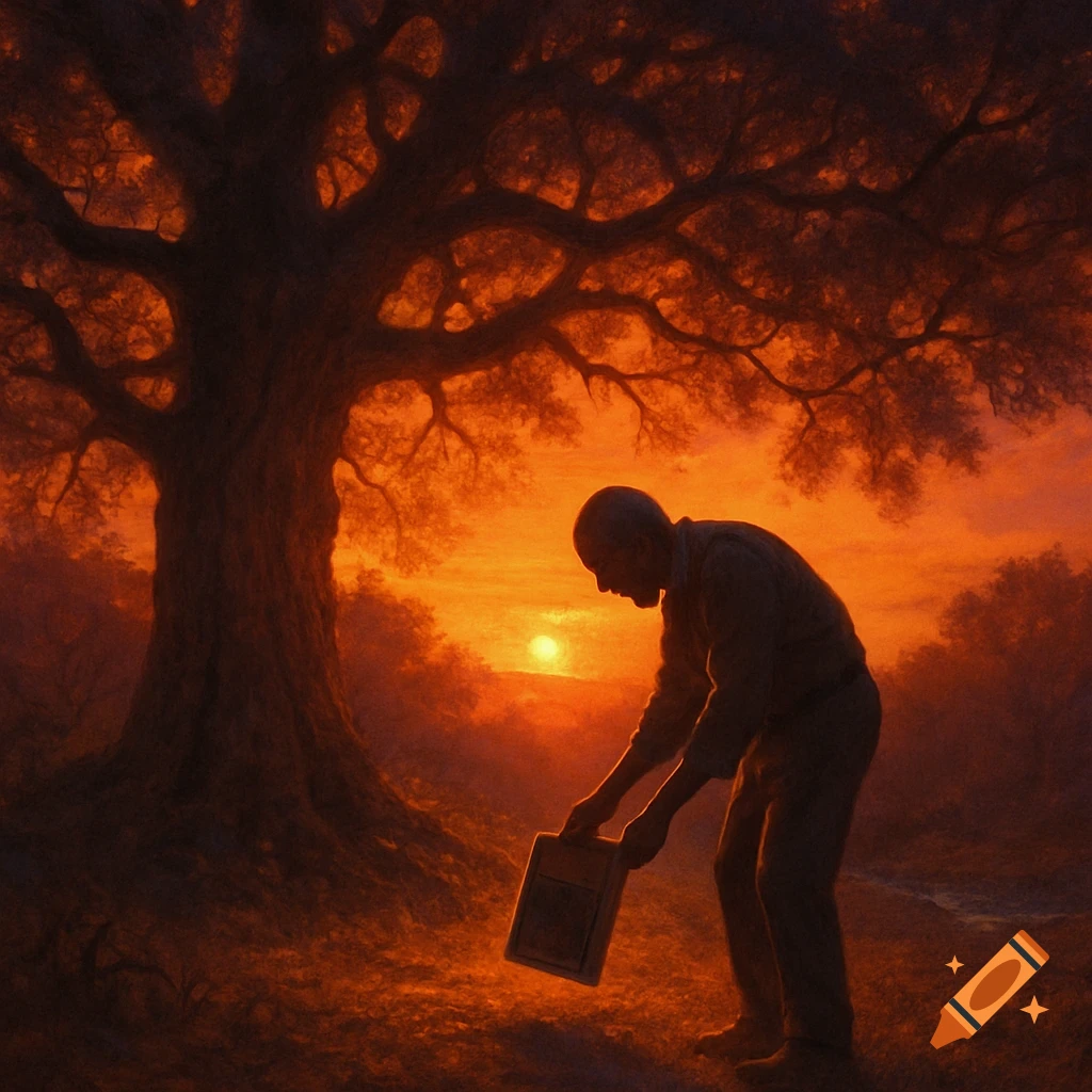 Silhouette of an old man bending down to place a book at the base of a large tree during a vibrant orange sunset, in a painterly style.