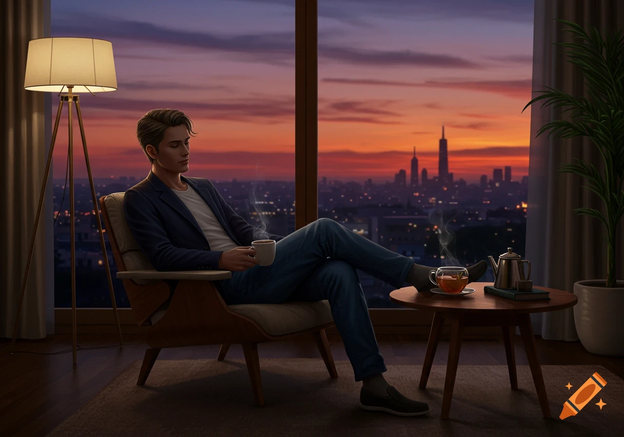 A man sits in an armchair, holding a mug, gazing out a window at a city skyline illuminated by a fiery sunset.