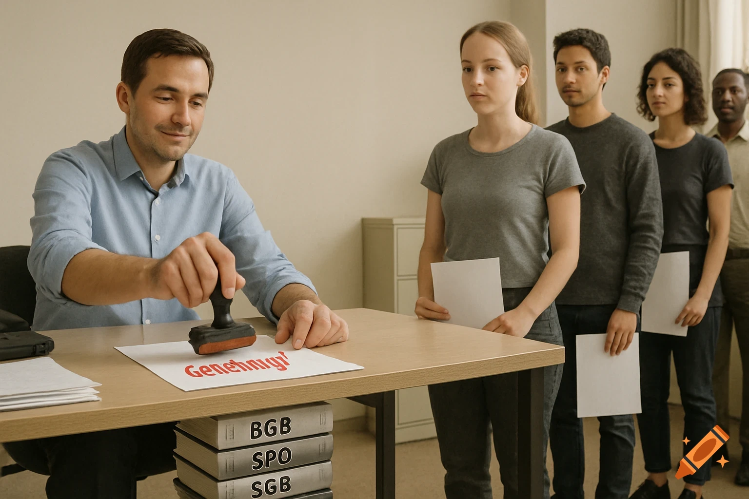 A man in a blue shirt stamps a document at a desk with legal books, while diverse applicants wait in line with papers, photorealistic.
