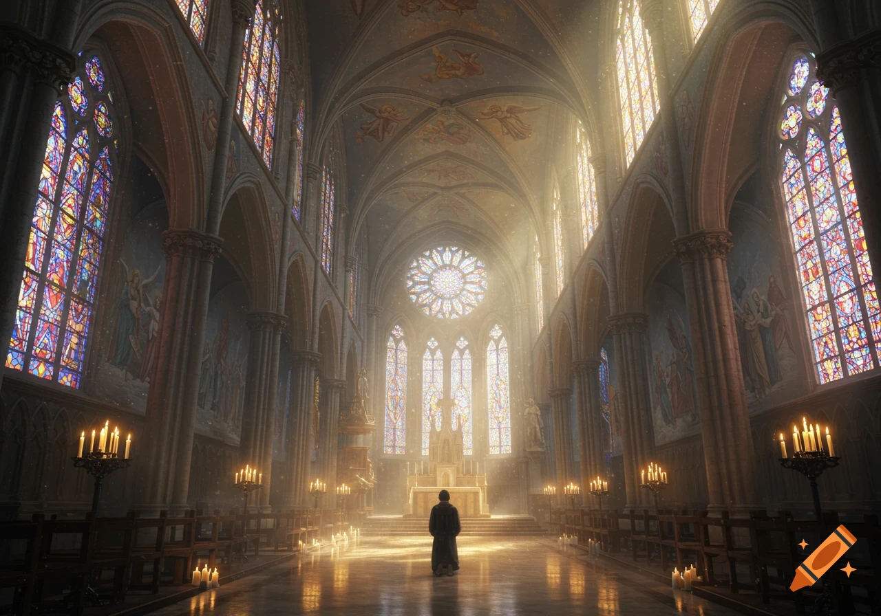 Dramatic interior of a grand cathedral with stained glass windows, sunbeams, and a lone figure facing the altar among lit candles.