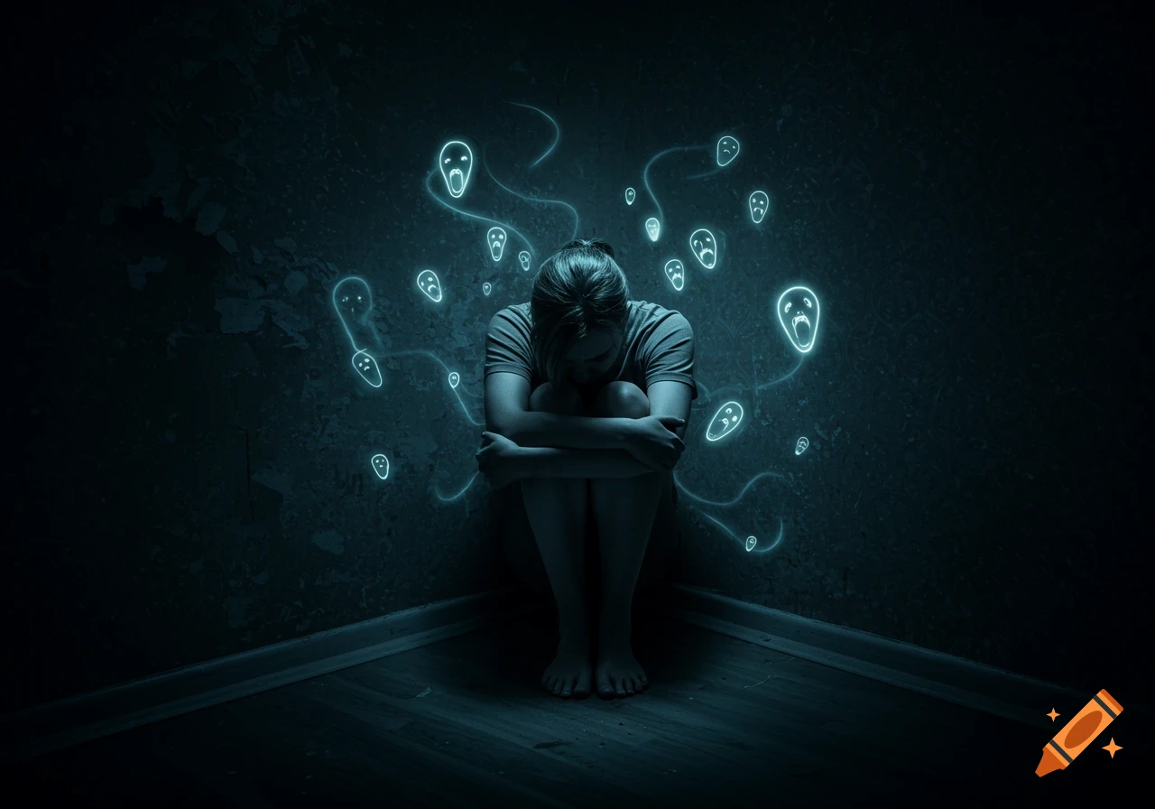 A distressed person crouches in a dark room corner, surrounded by glowing, screaming, ghost-like faces.