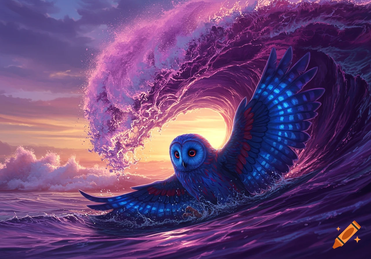 A vibrant blue and red owl struggles in a massive, swirling purple ocean wave under a sunset, in a surreal fantasy style.