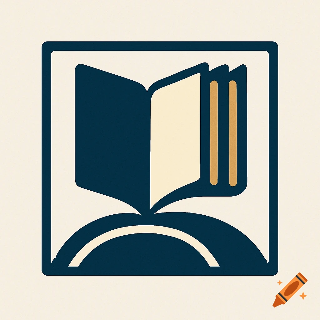 Minimalist geometric logo of an open book with cream pages and a dark blue cover, within a dark blue square frame on a cream background.