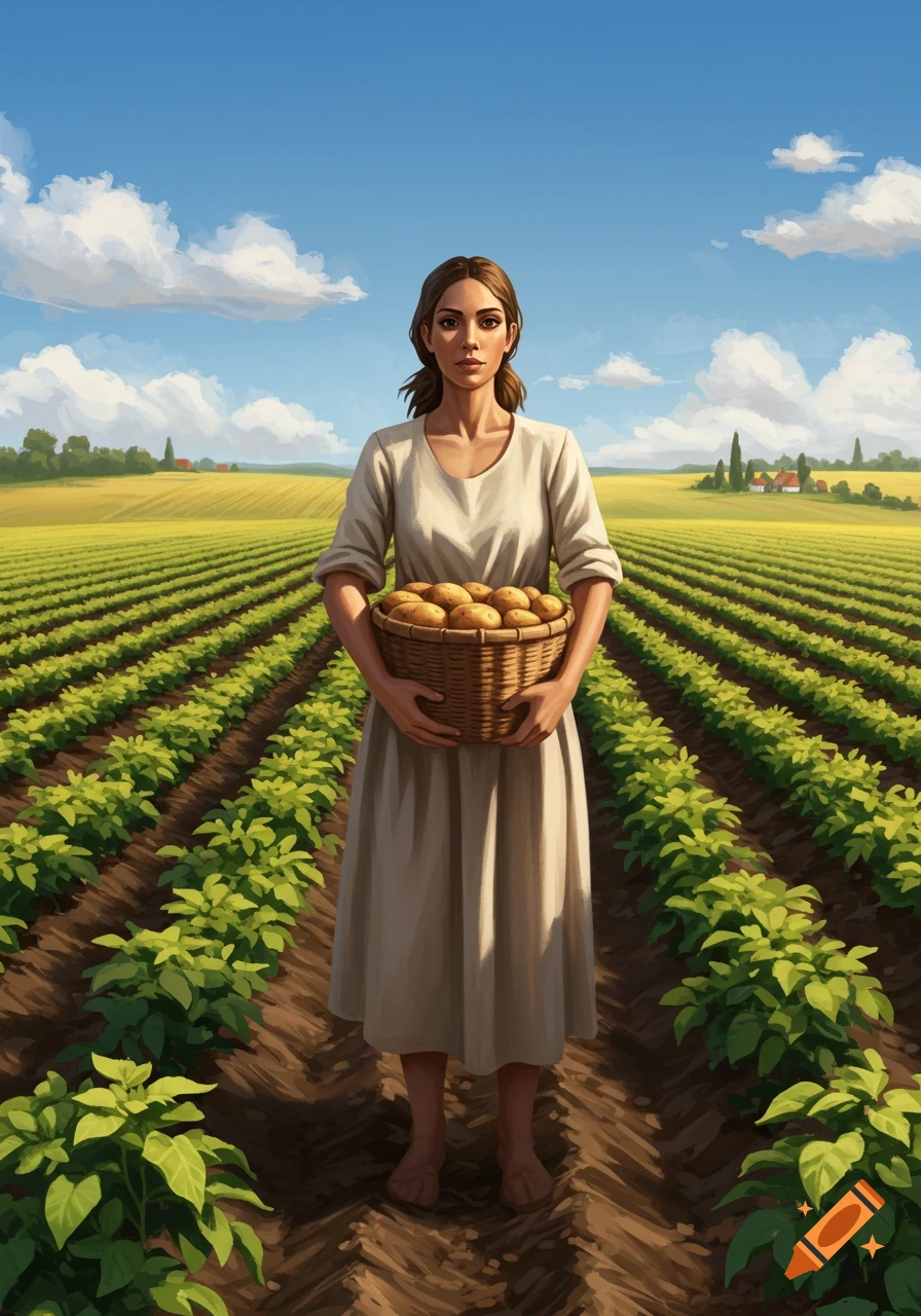 A woman in a white dress stands in a vast potato field, holding a basket full of harvested potatoes under a blue sky.