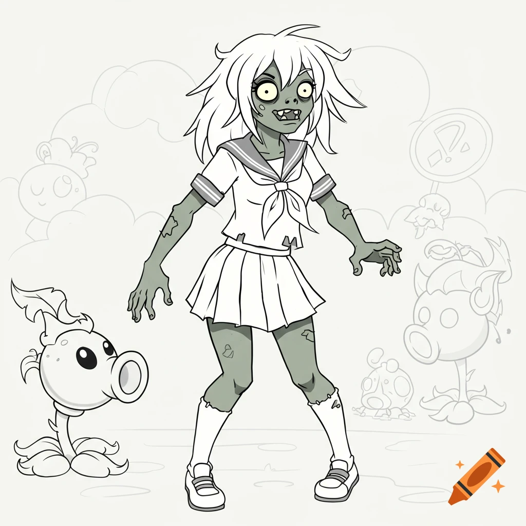 Line art of a female zombie in an anime sailor school uniform, in Plants vs. Zombies style, standing next to a peashooter plant.