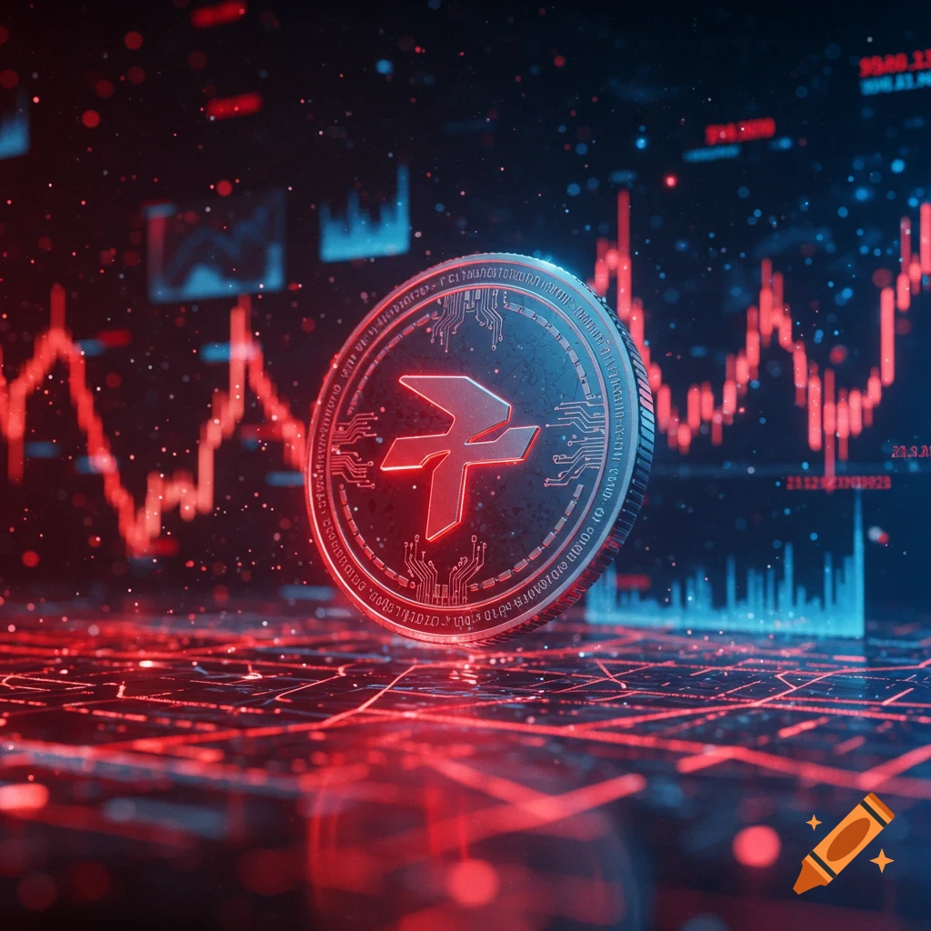 A glowing red and blue cryptocurrency coin with circuit patterns, set against a dark background of red and blue financial data charts and a digital grid.