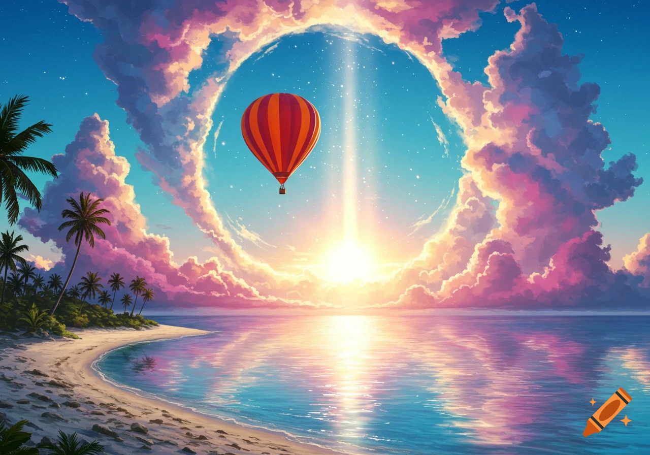 A hot air balloon floats through a cloud-ringed dimensional rift in the sky over a tropical beach and ocean, stylized art.