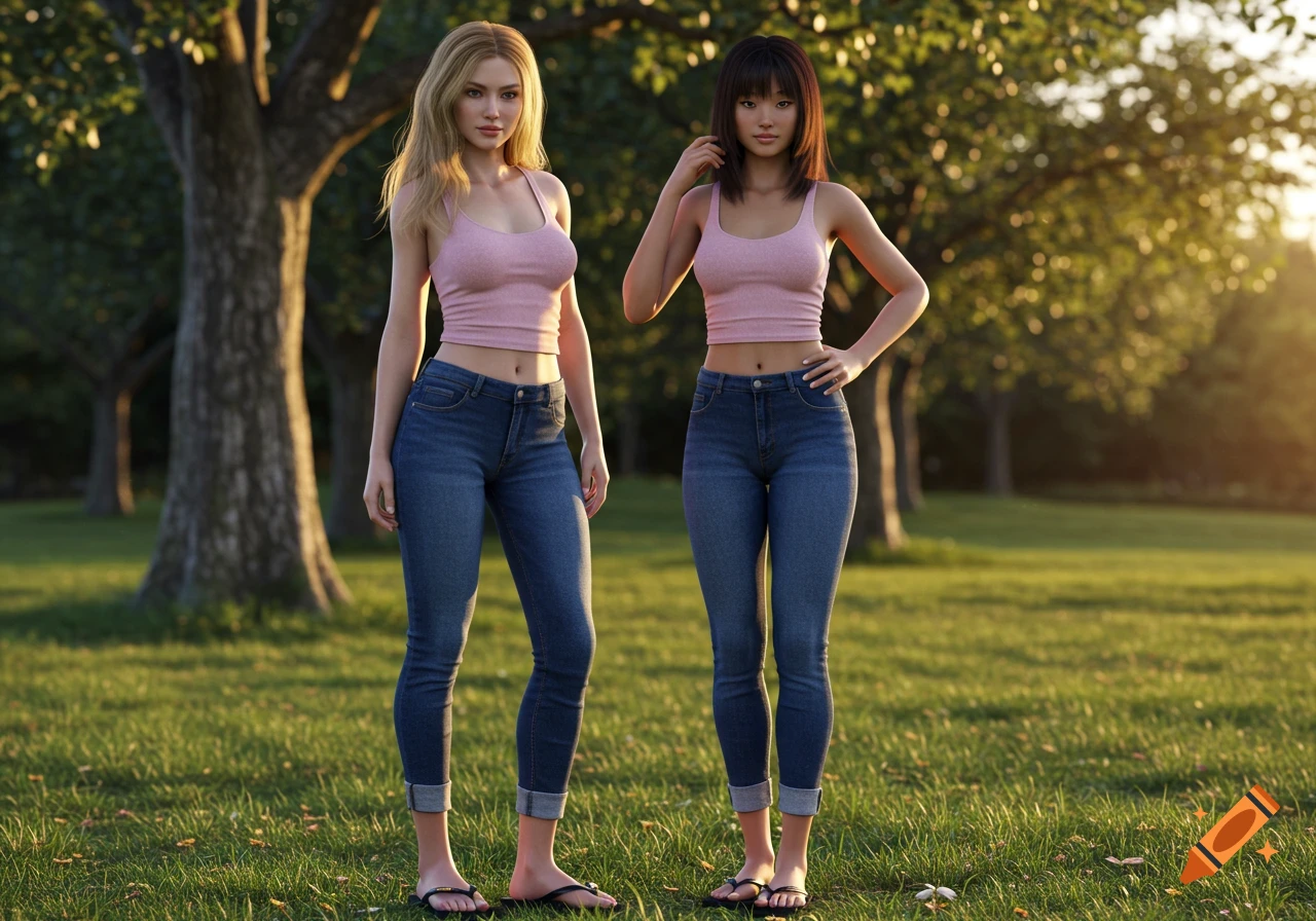 Two young women in pink tank tops, blue cuffed jeans, and flip-flops stand in a sunlit park.