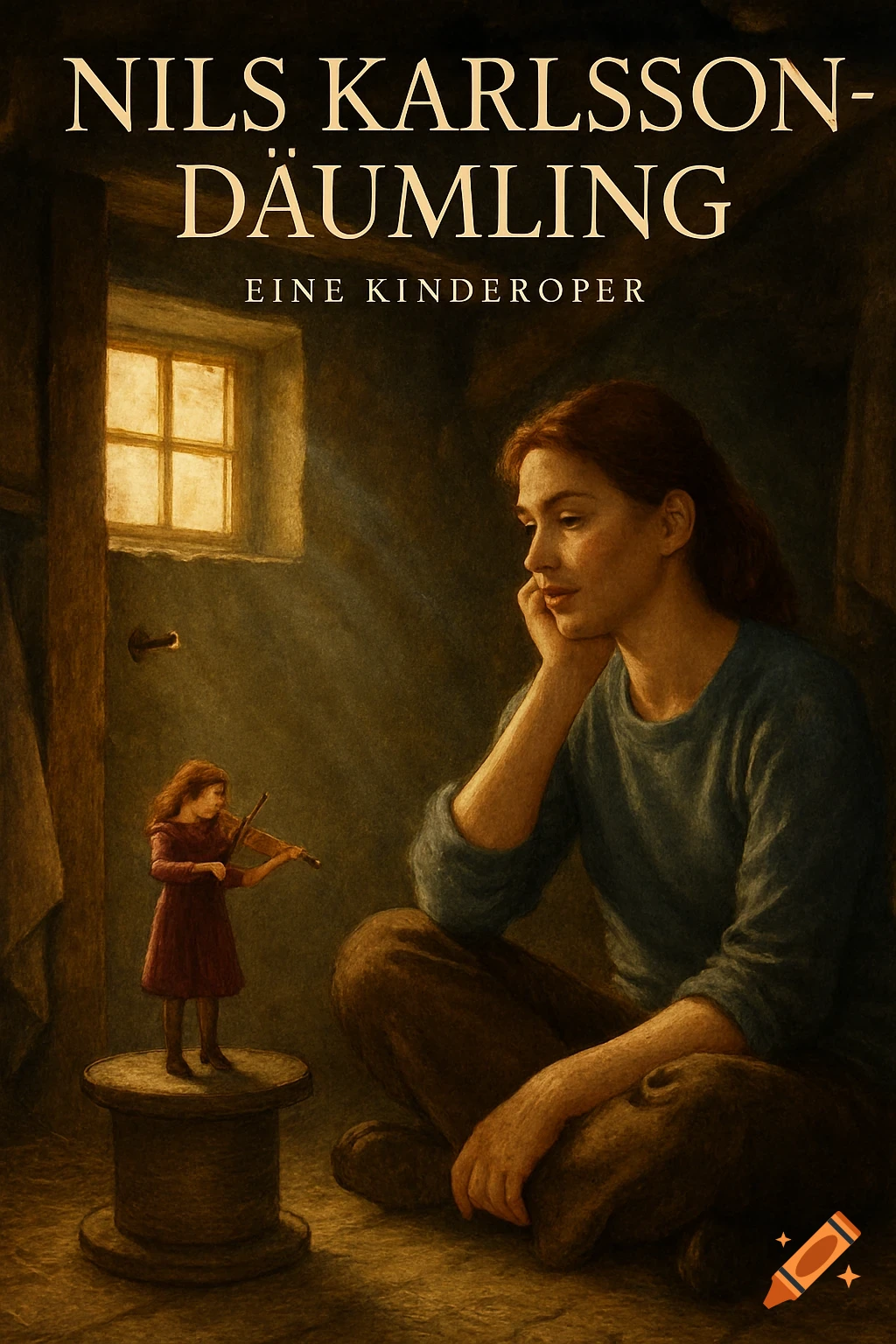 Painterly realism depicts an adult woman sitting on a cellar floor, looking at a tiny girl playing a violin on a spool.