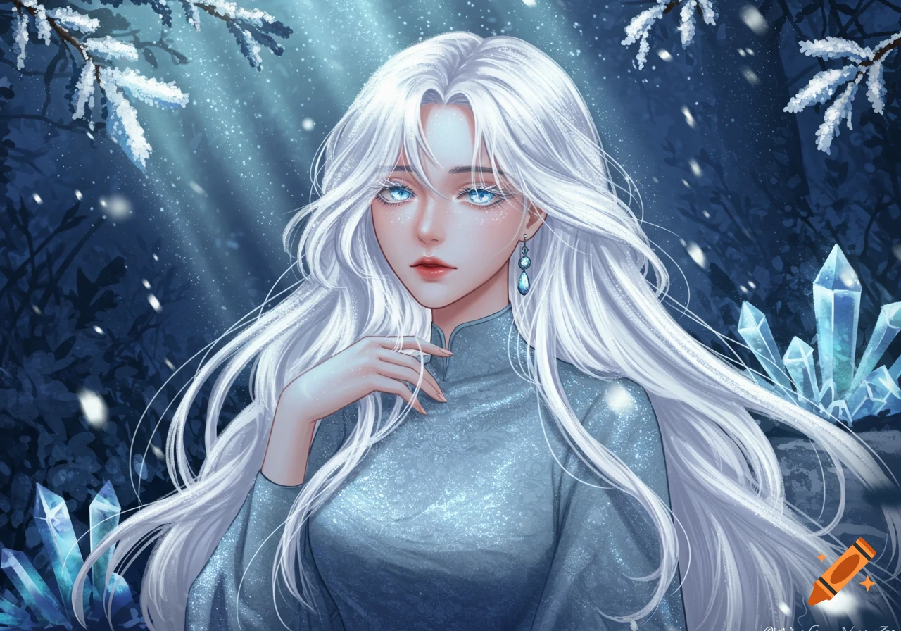 Anime portrait of a white-haired woman with bright blue eyes, wearing a teal dress, in a magical snowy forest with ice crystals.